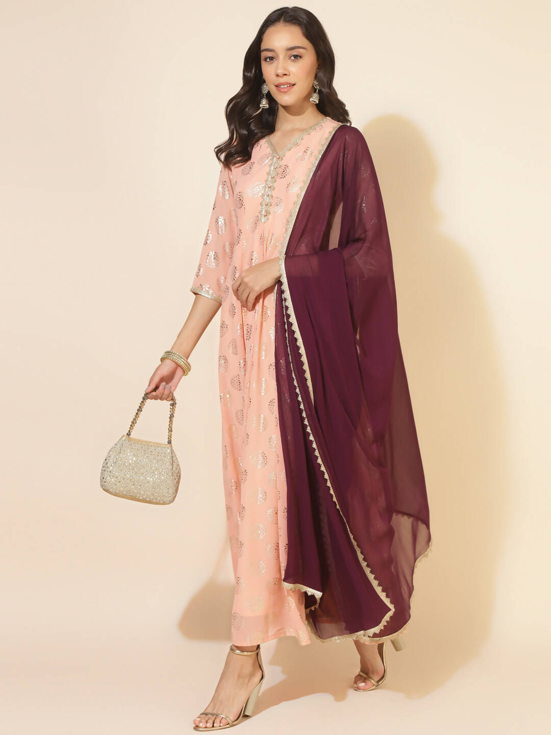 Janasya Women's Peach Georgette Foil Printed Festive Anarkali Kurta Set