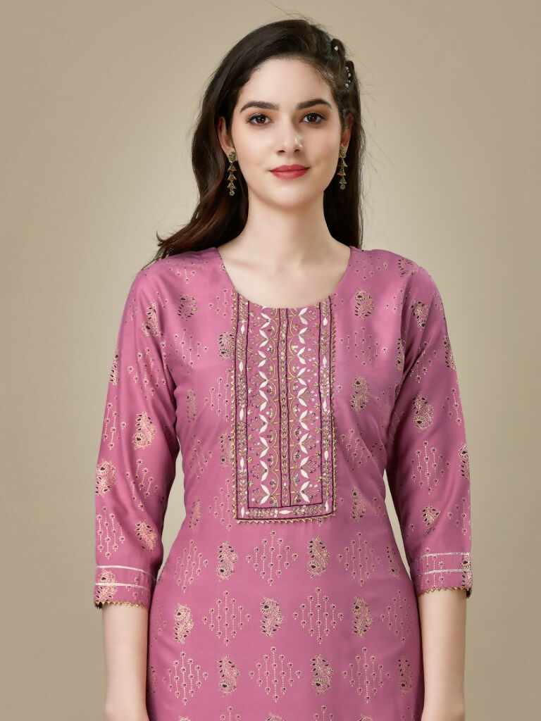 Jyoti Fashion Women's Purple Rayon Embroidered Kurta Pant Set