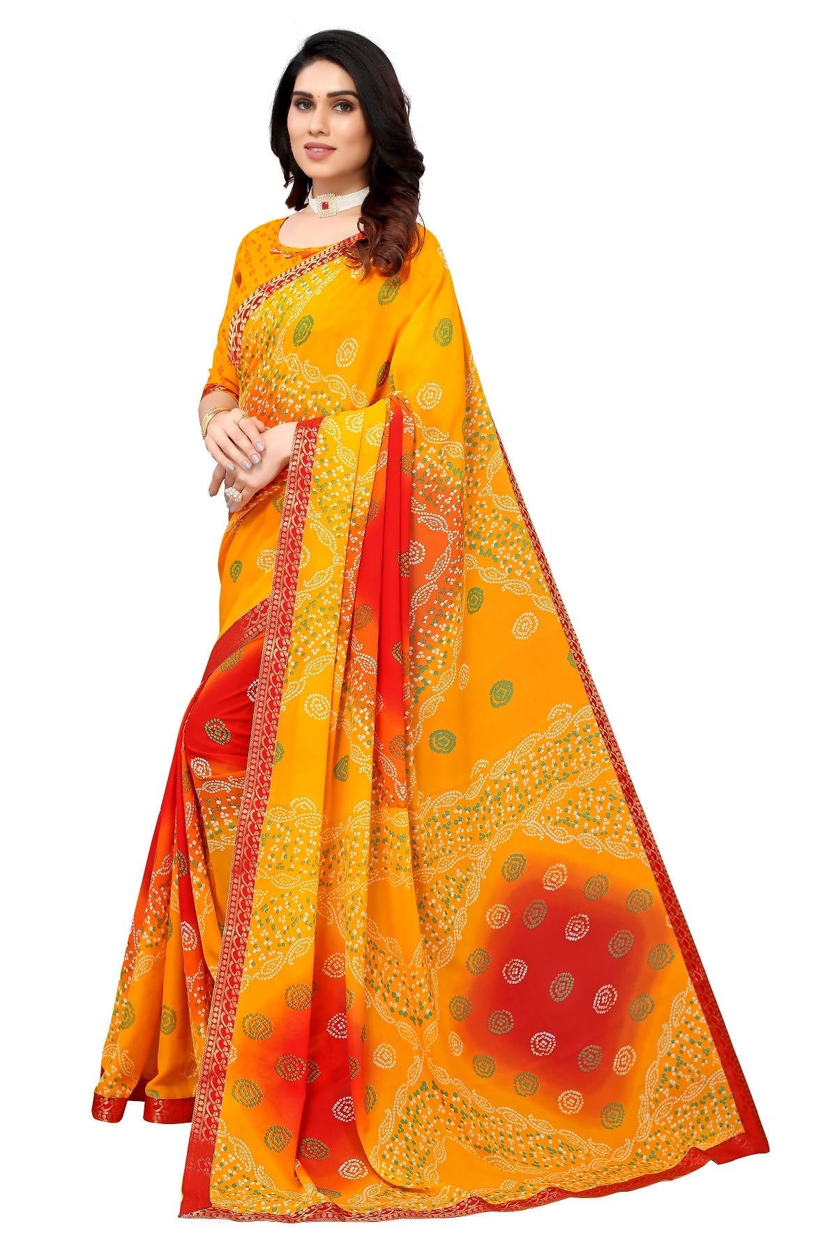 Vamika Ethnic Fire Yellow Printed With Lace Saree