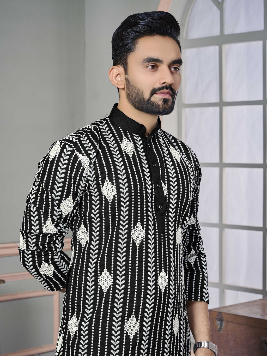 Black Men Kurta Set Embroidered with Sequins Work by Infinity Export