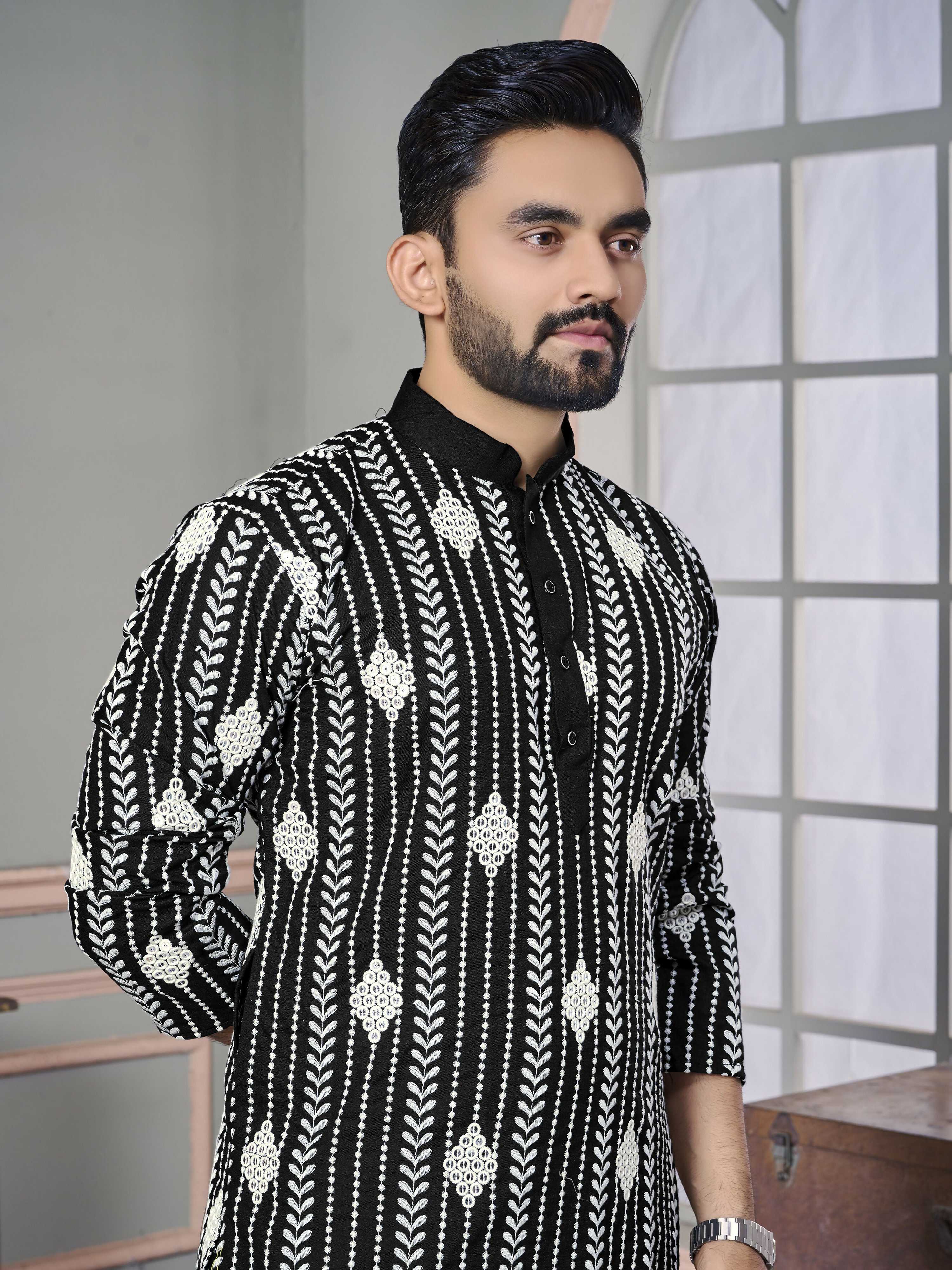 Black Men Kurta Set Embroidered with Sequins Work by Infinity Export