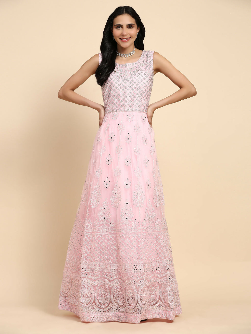 Pink Net Hand Embroidered Gown - Rudrani