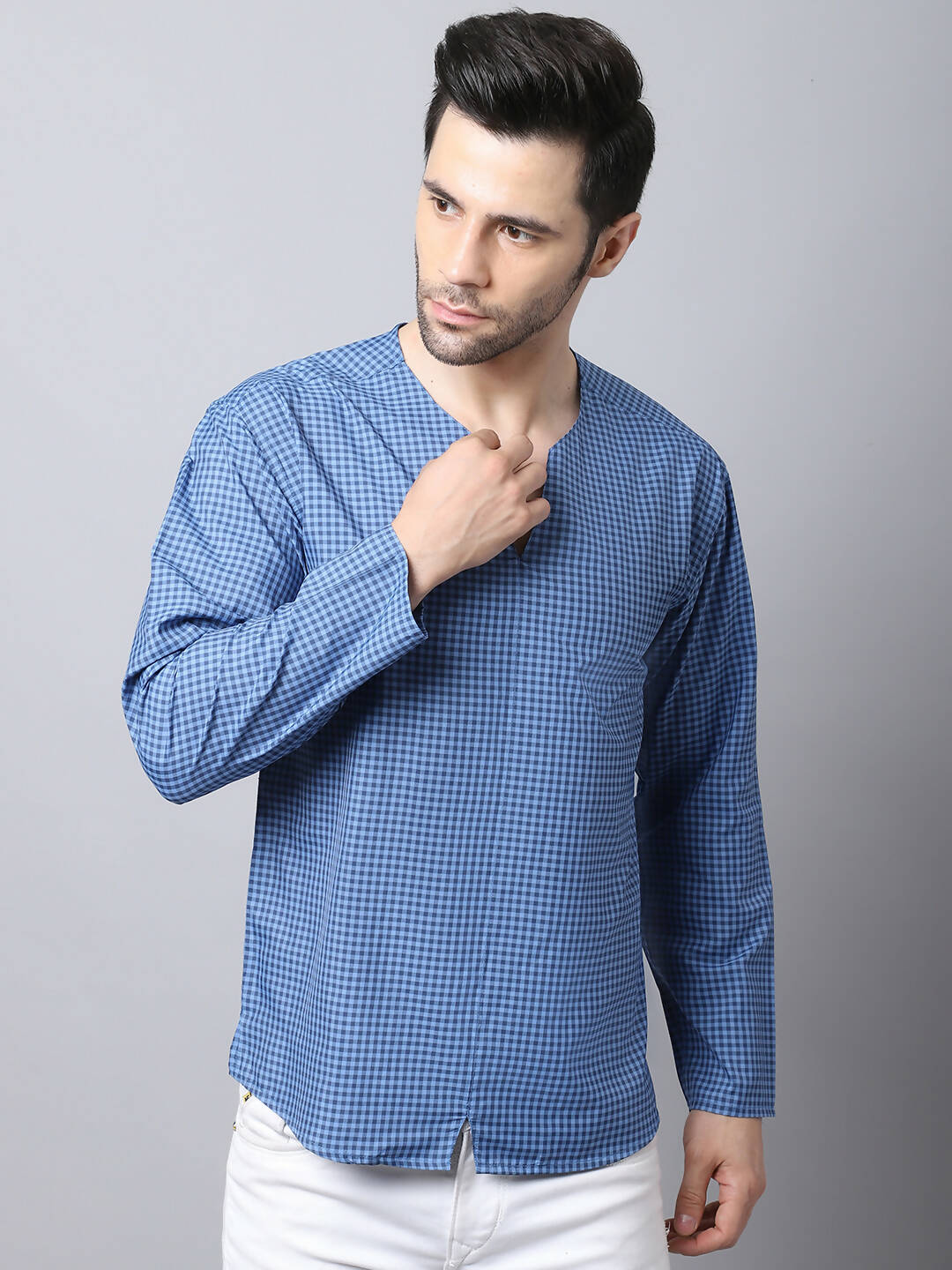 Even Apparels Blue Checked Men's Kurta With Band Collar