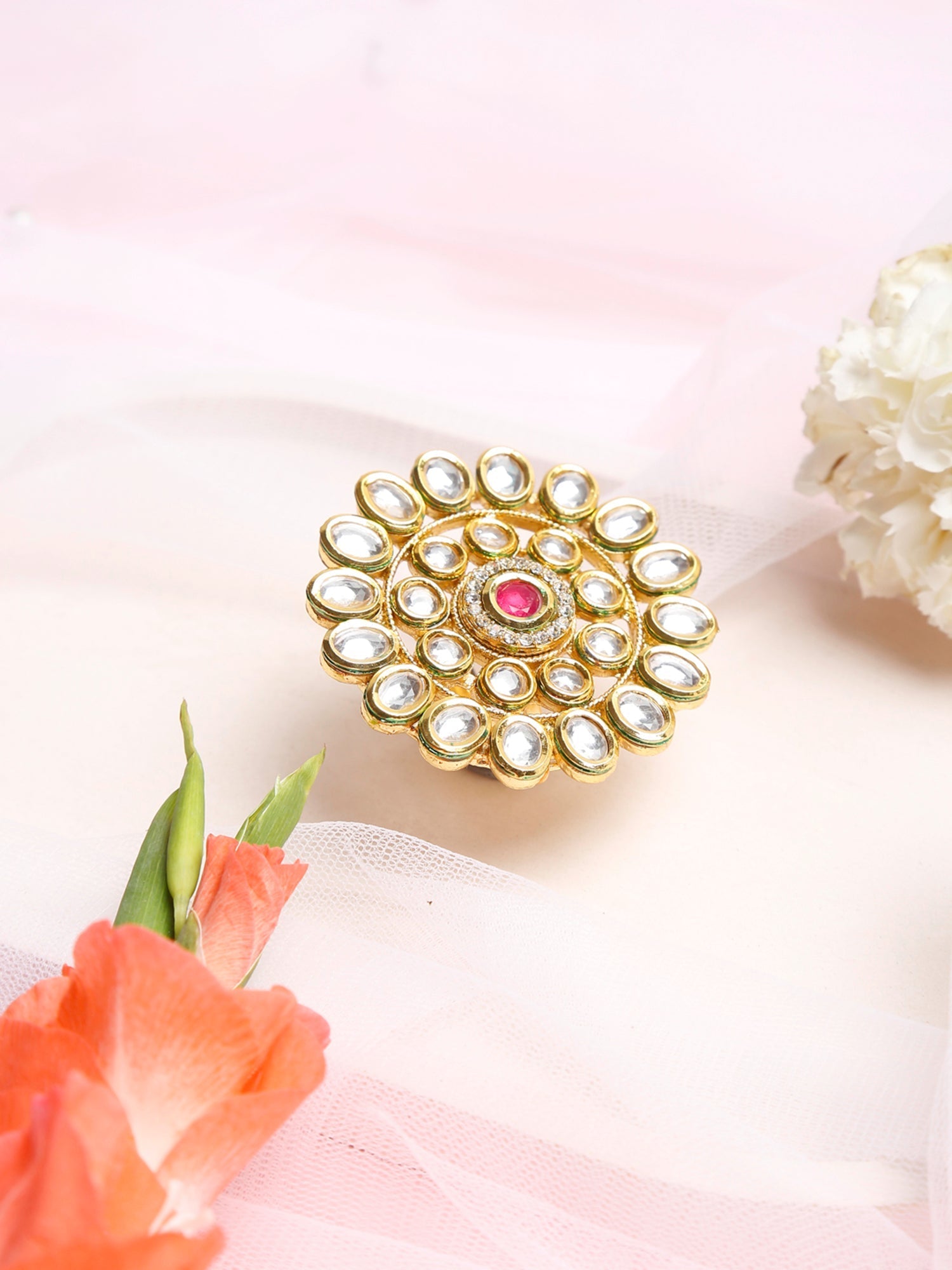 Women's Gold-Polished White Red Kundan-Studded Handcrafted Finger Ring - Ruby Raang