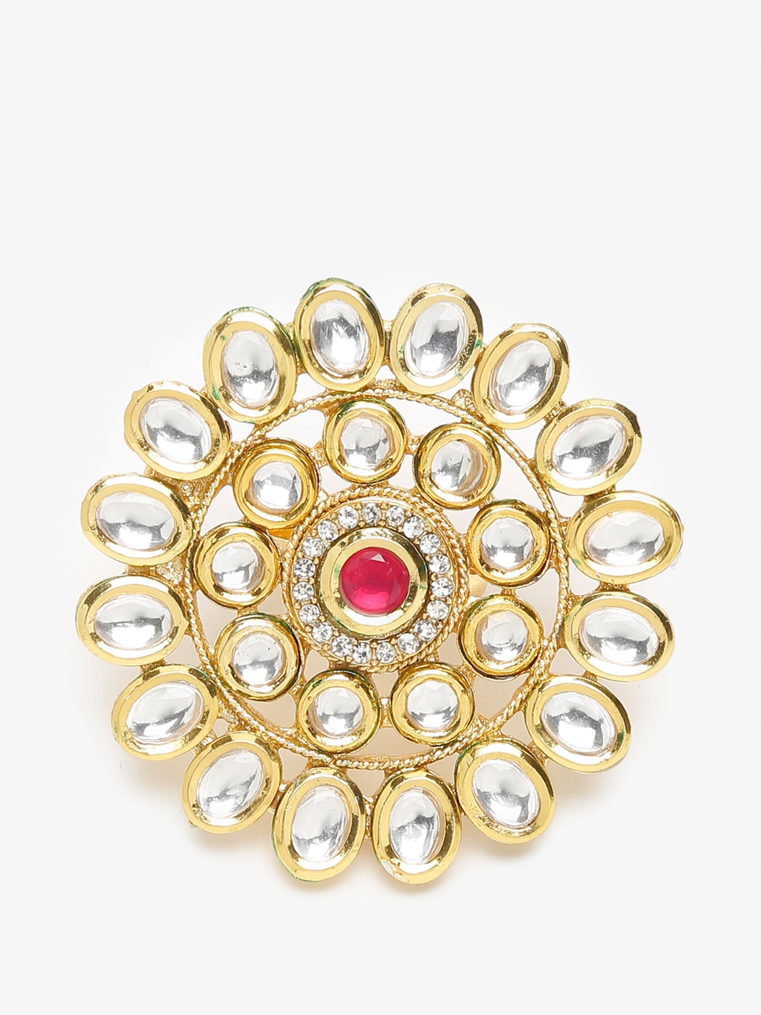 Women's Gold-Polished White Red Kundan-Studded Handcrafted Finger Ring - Ruby Raang