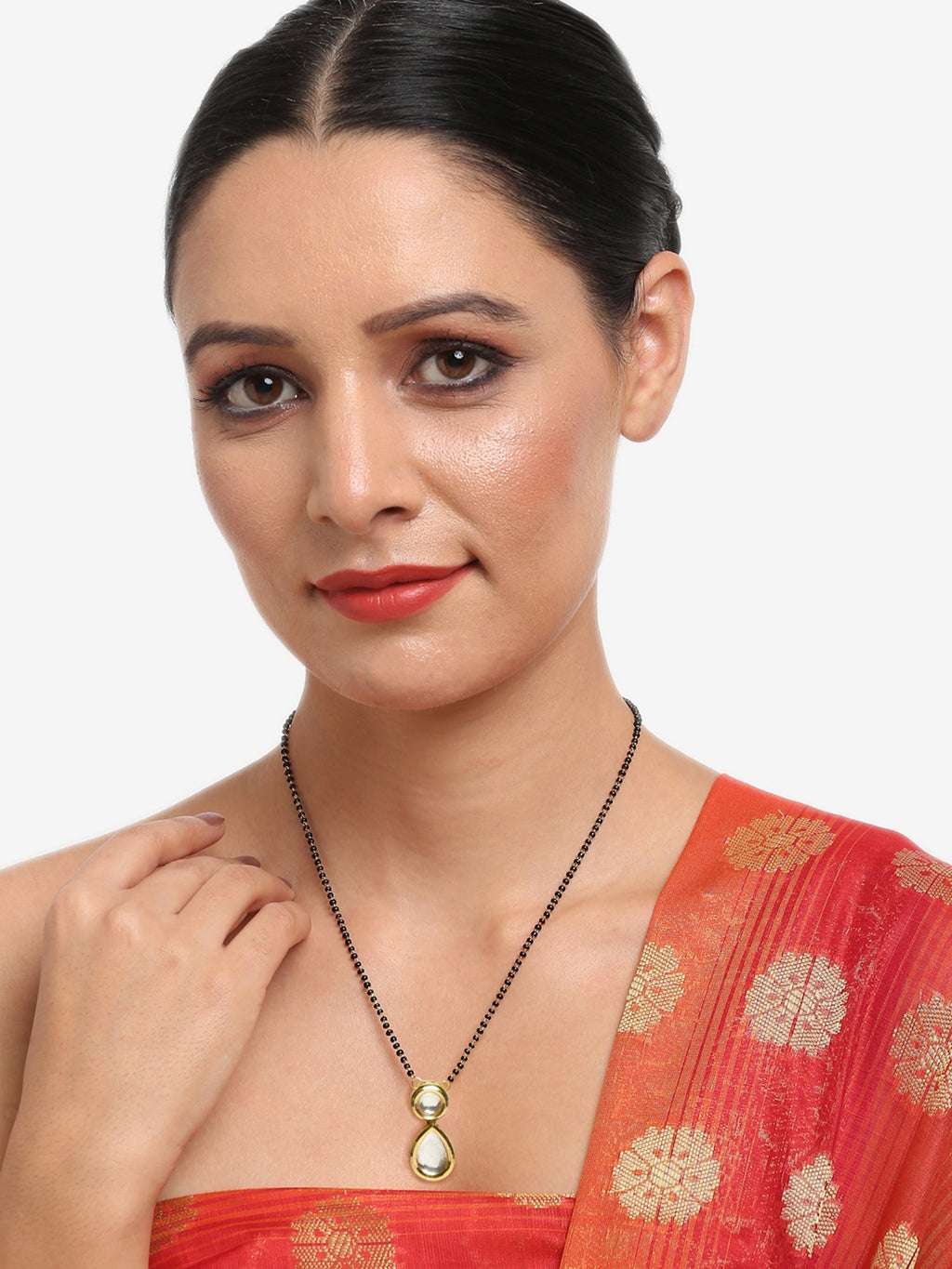 Black Gold-Toned Beads Kundan Studded Mangalsutra - Ruby Raang