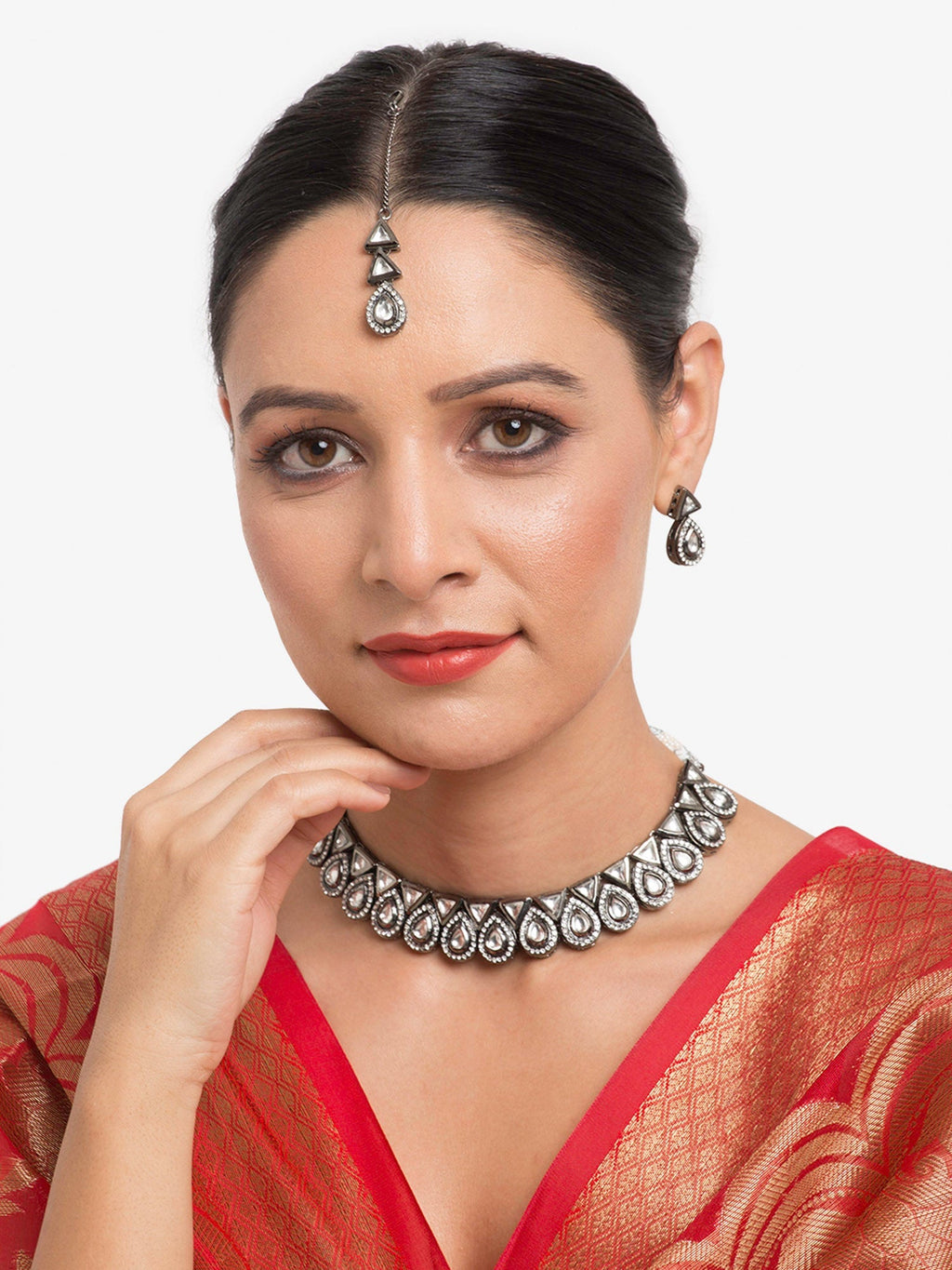 Silver Kundan Choker With Earrings And Maang Tikka - Ruby Raang