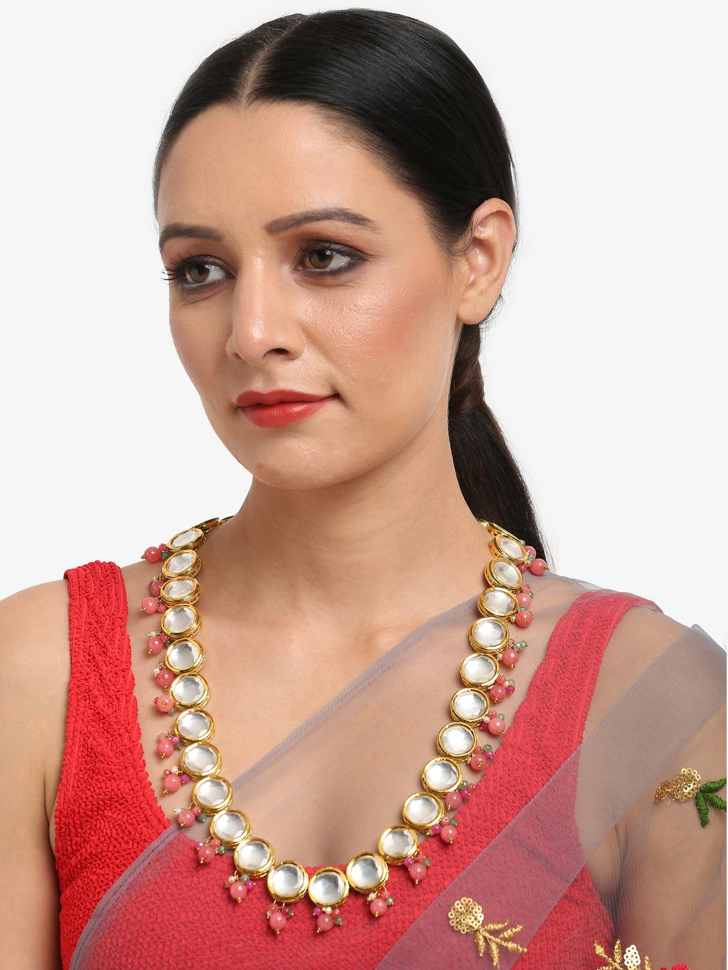 Gold-Polished Pink Kundan Pearls Studded Necklace - Ruby Raang