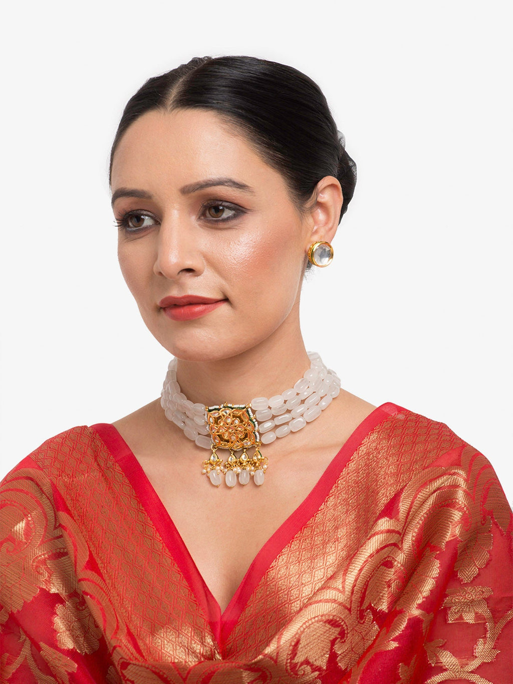Gold-Polished White Kundan Stone Studded Handcrafted Jewellery Set - Ruby Raang