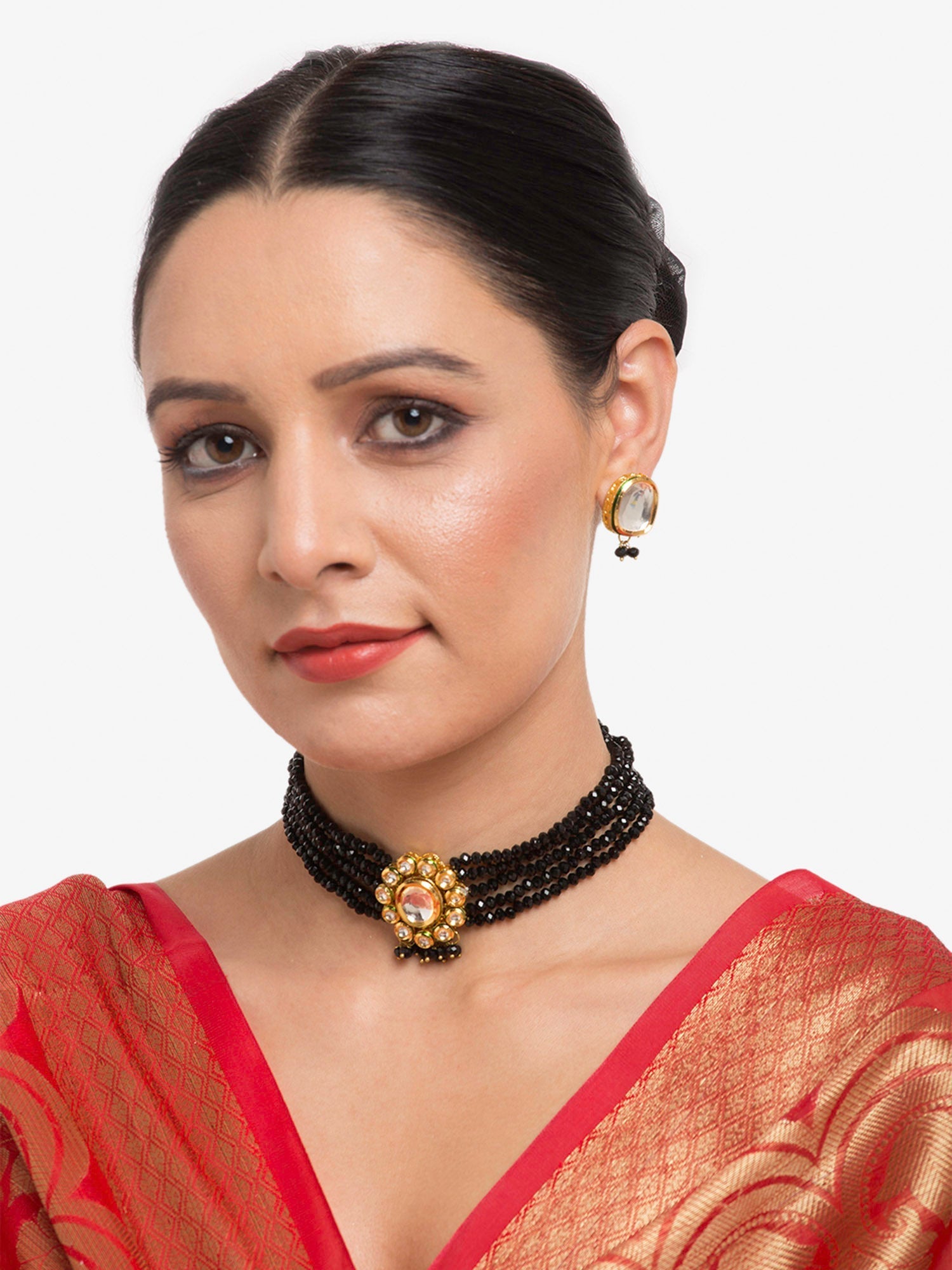 Gold-Polished White Black Kundan-Studded Beaded Handcrafted Jewellery Set - Ruby Raang
