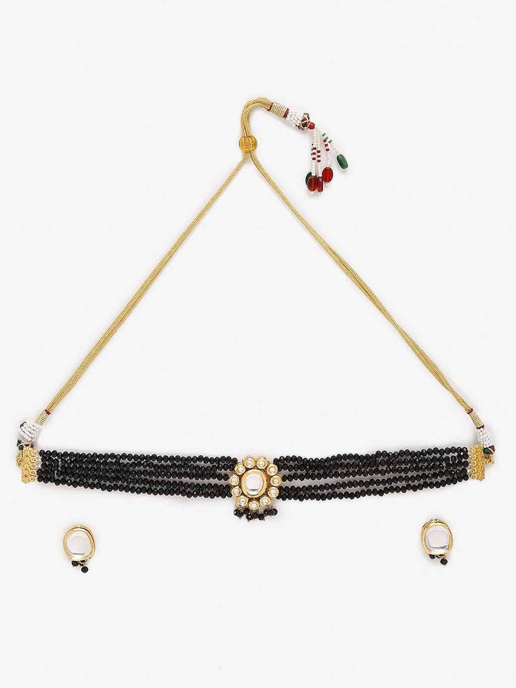 Gold-Polished White Black Kundan-Studded Beaded Handcrafted Jewellery Set - Ruby Raang