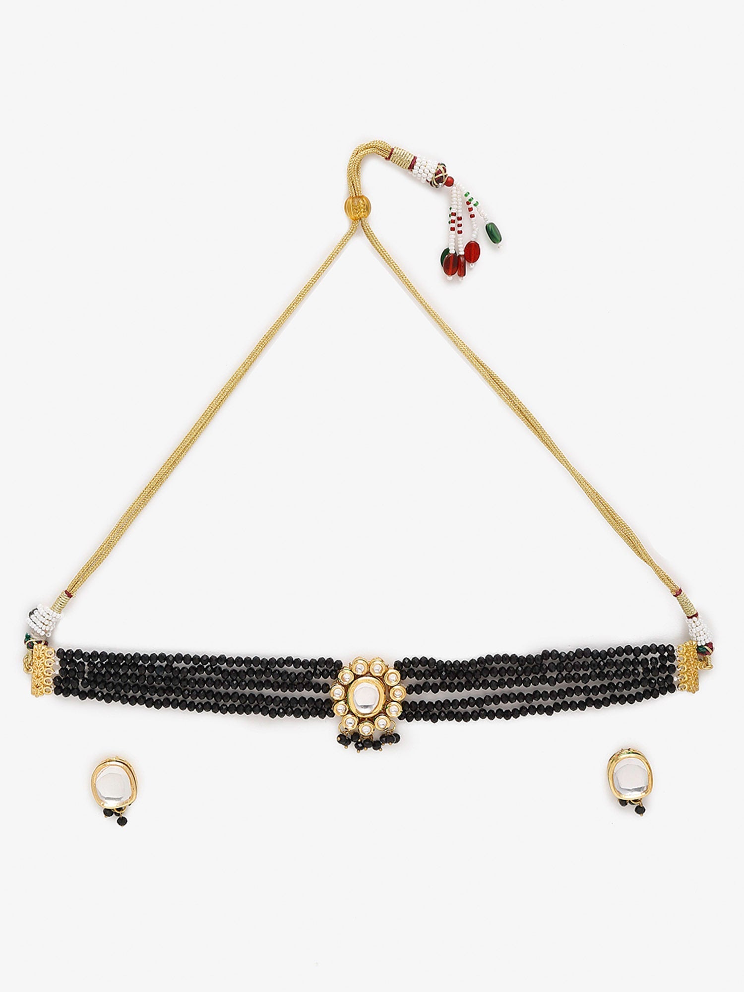 Gold-Polished White Black Kundan-Studded Beaded Handcrafted Jewellery Set - Ruby Raang