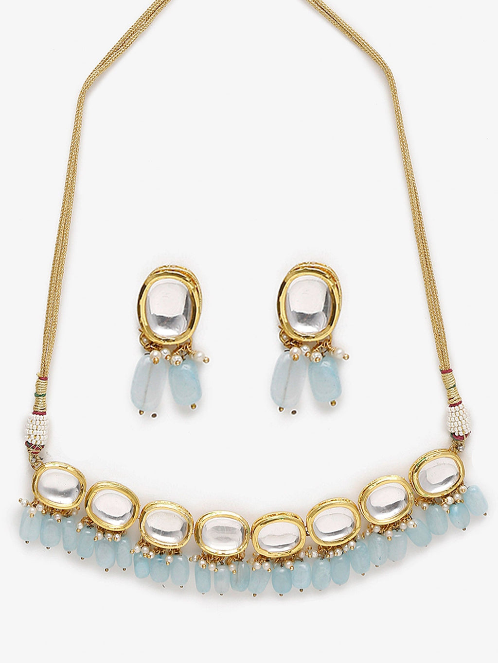 Gold-Polished White Blue Kundan-Studded Pearl Beaded Handcrafted Jewellery Set - Ruby Raang