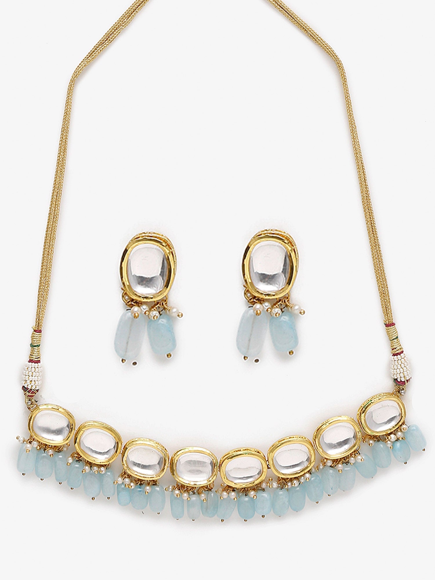 Gold-Polished White Blue Kundan-Studded Pearl Beaded Handcrafted Jewellery Set - Ruby Raang