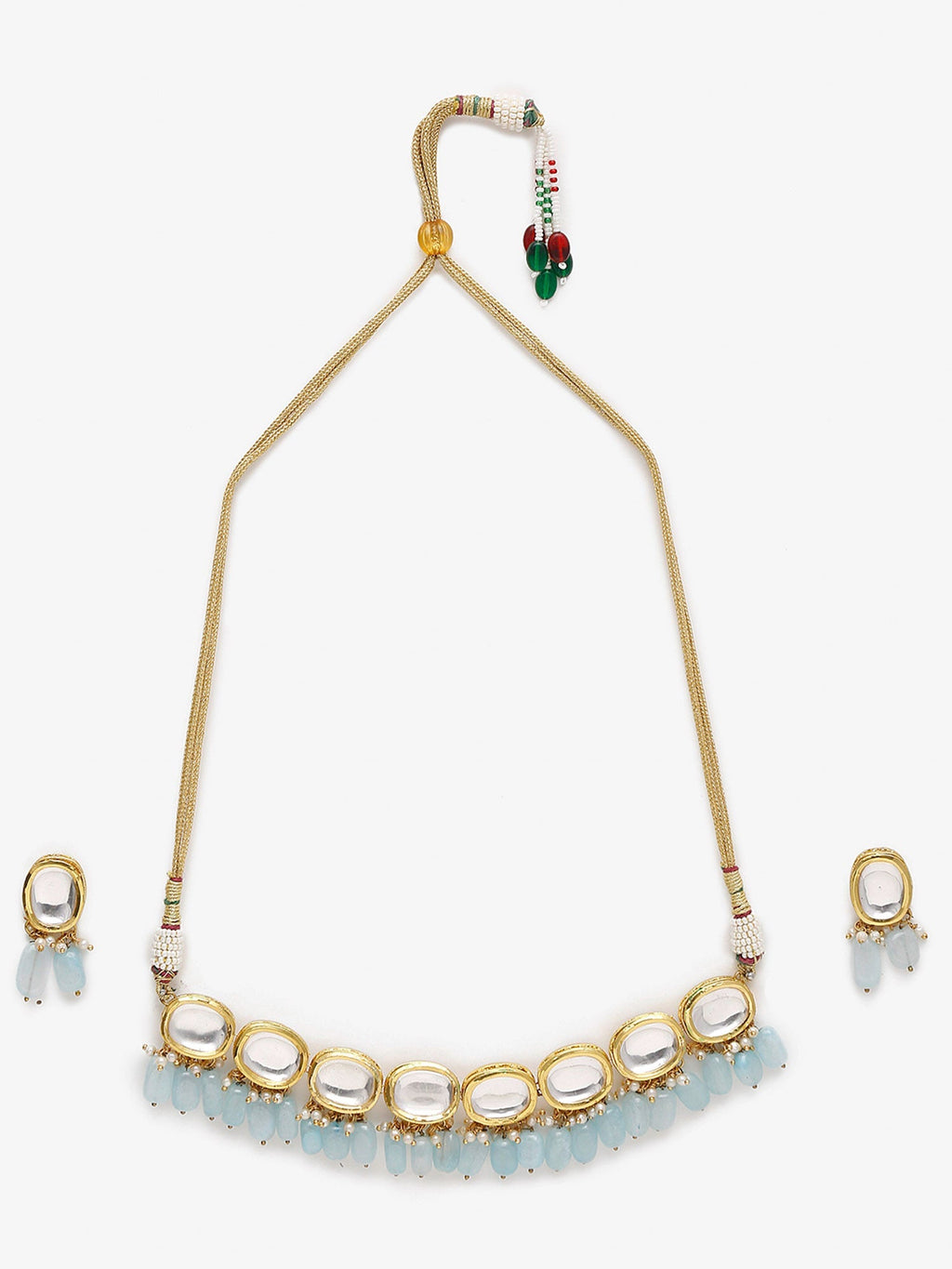 Gold-Polished White Blue Kundan-Studded Pearl Beaded Handcrafted Jewellery Set - Ruby Raang