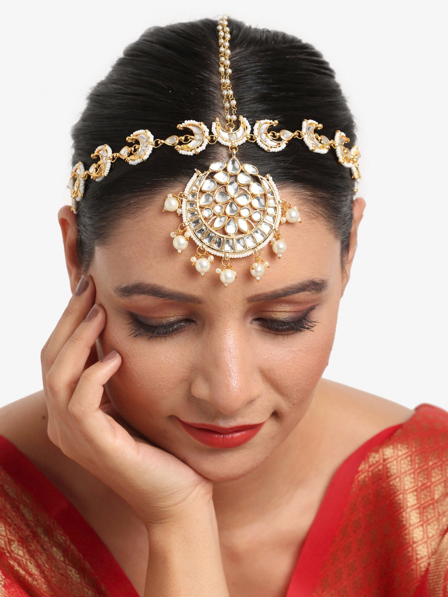 Gold-Polished White Kundan Matha Patti - Ruby Raang