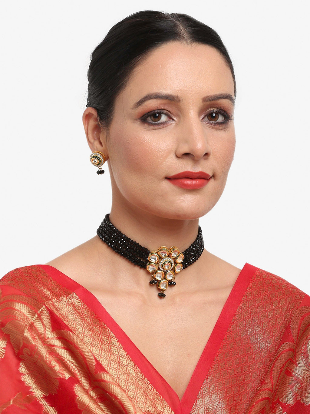 White Black Gold-Polished Kundan-Studded Jewellery Set - Ruby Raang
