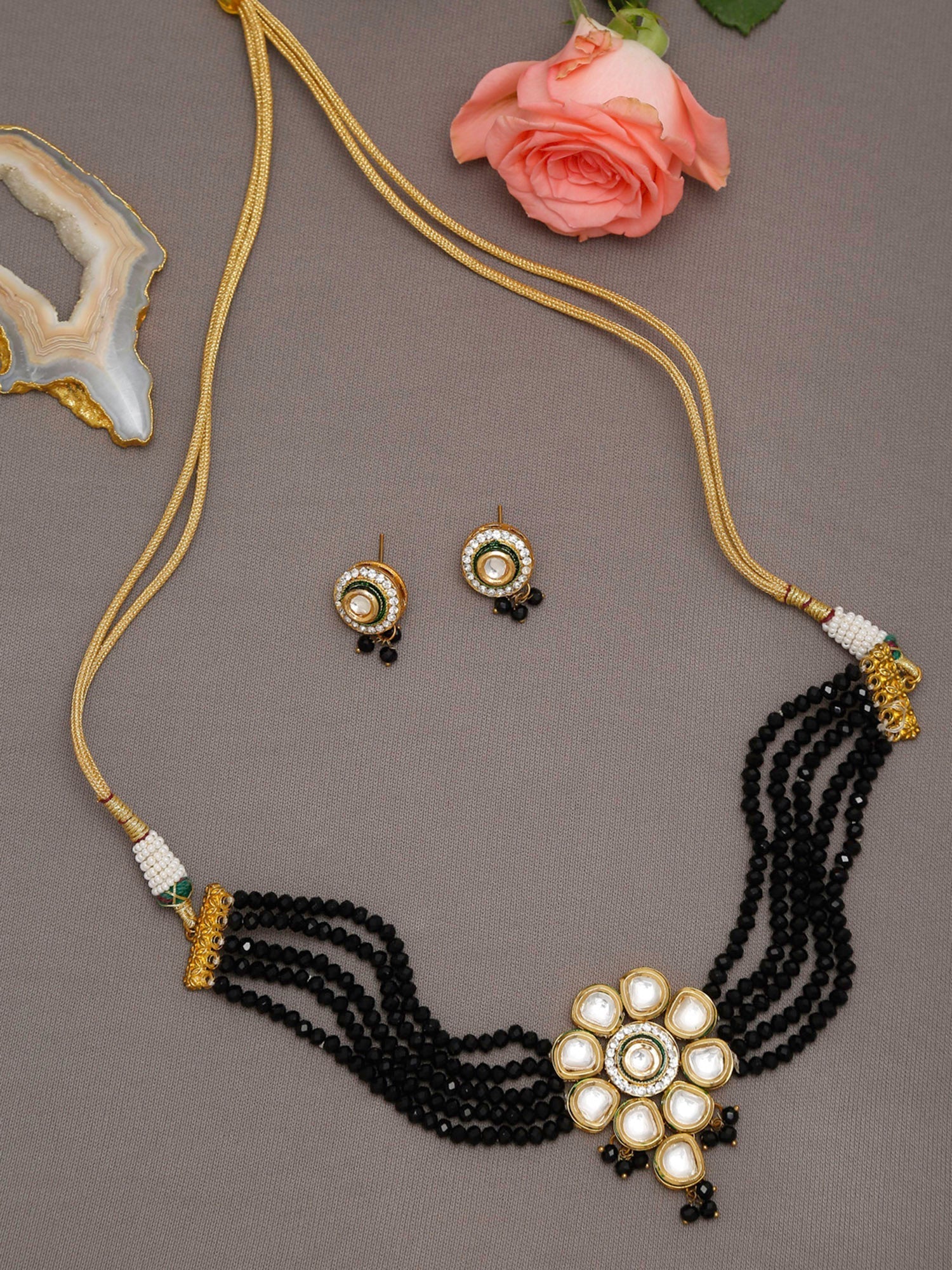 White Black Gold-Polished Kundan-Studded Jewellery Set - Ruby Raang