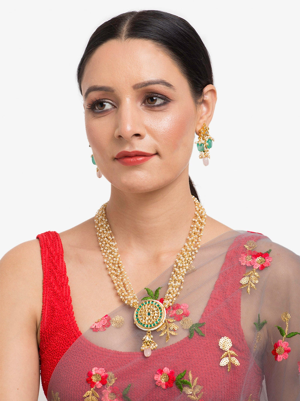 Gold-Polished Green White Kundan Studded Layered Jewellery Set - Ruby Raang