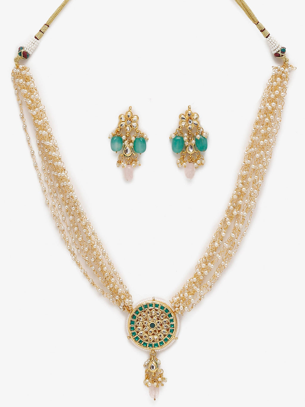 Gold-Polished Green White Kundan Studded Layered Jewellery Set - Ruby Raang
