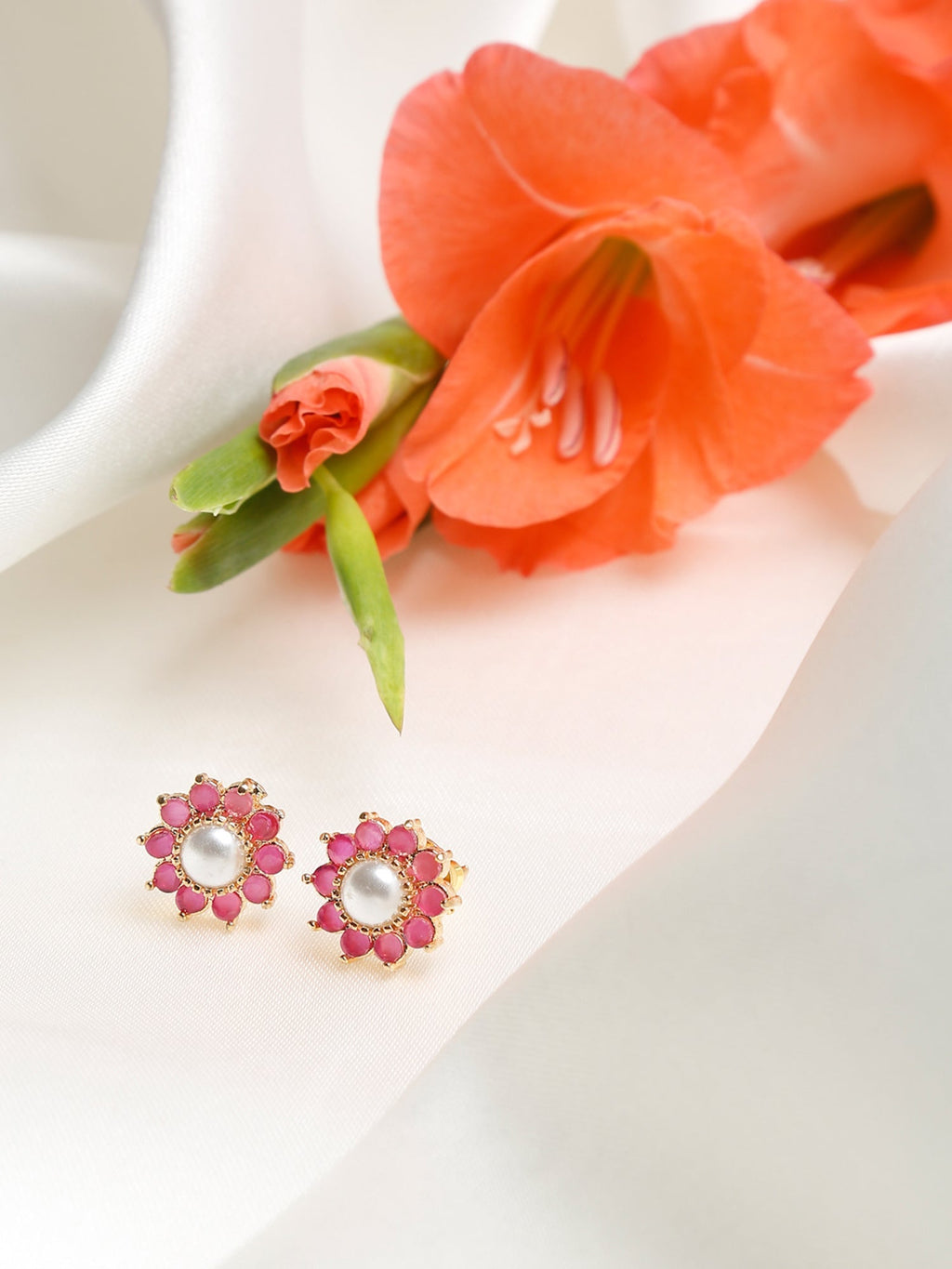 Maroon Gold-Polished Floral Studs Earrings - Ruby Raang