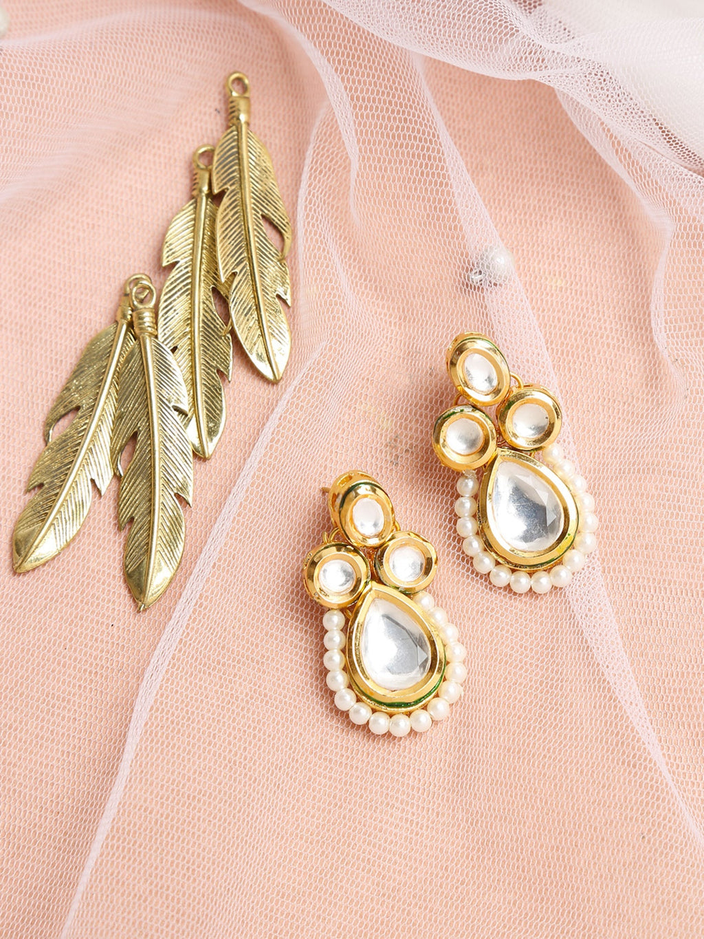 Gold-Toned White Teardrop Shaped Drop Earrings - Ruby Raang