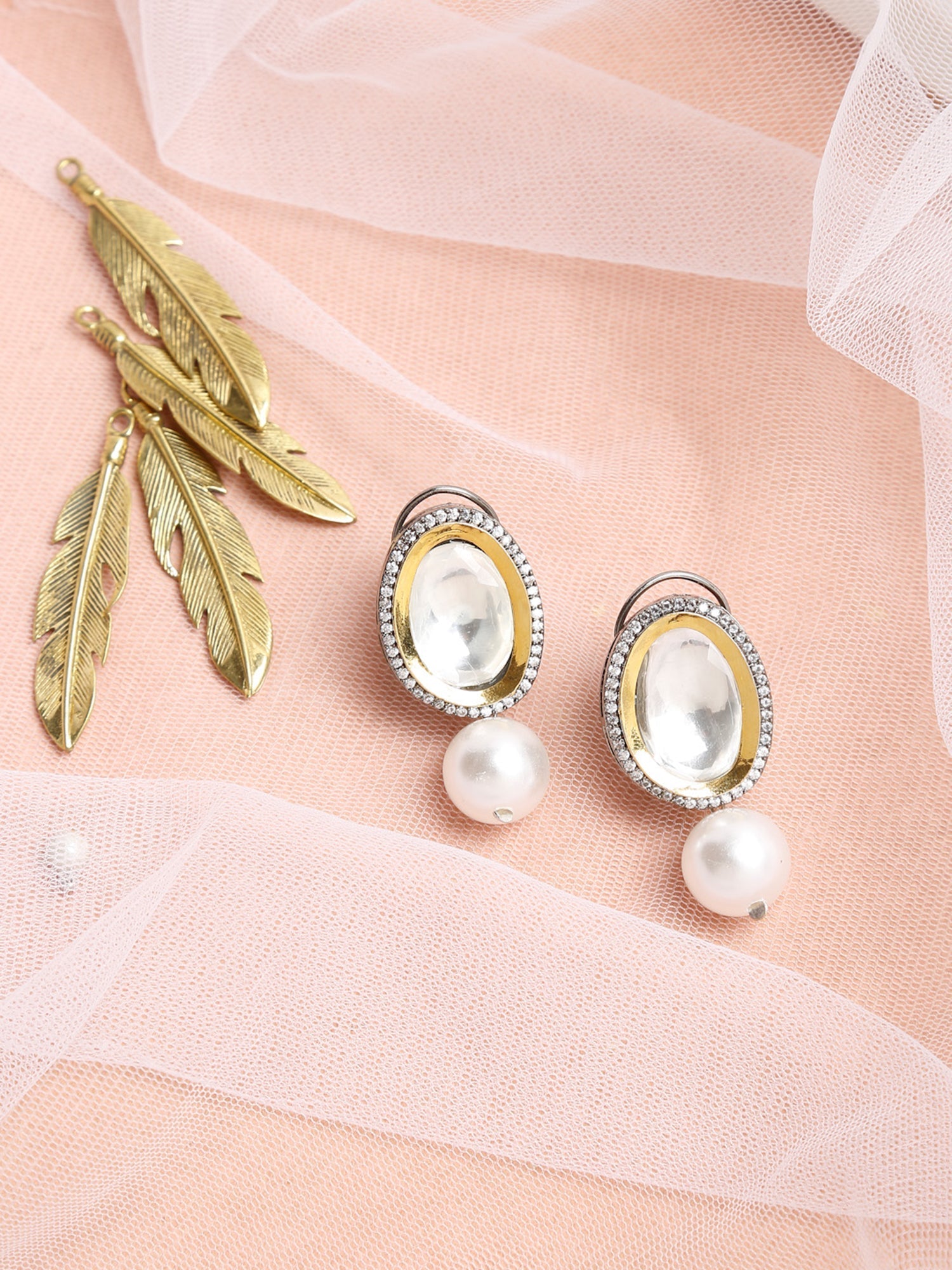 White Kundan Studded Drop Earrings - Ruby Raang