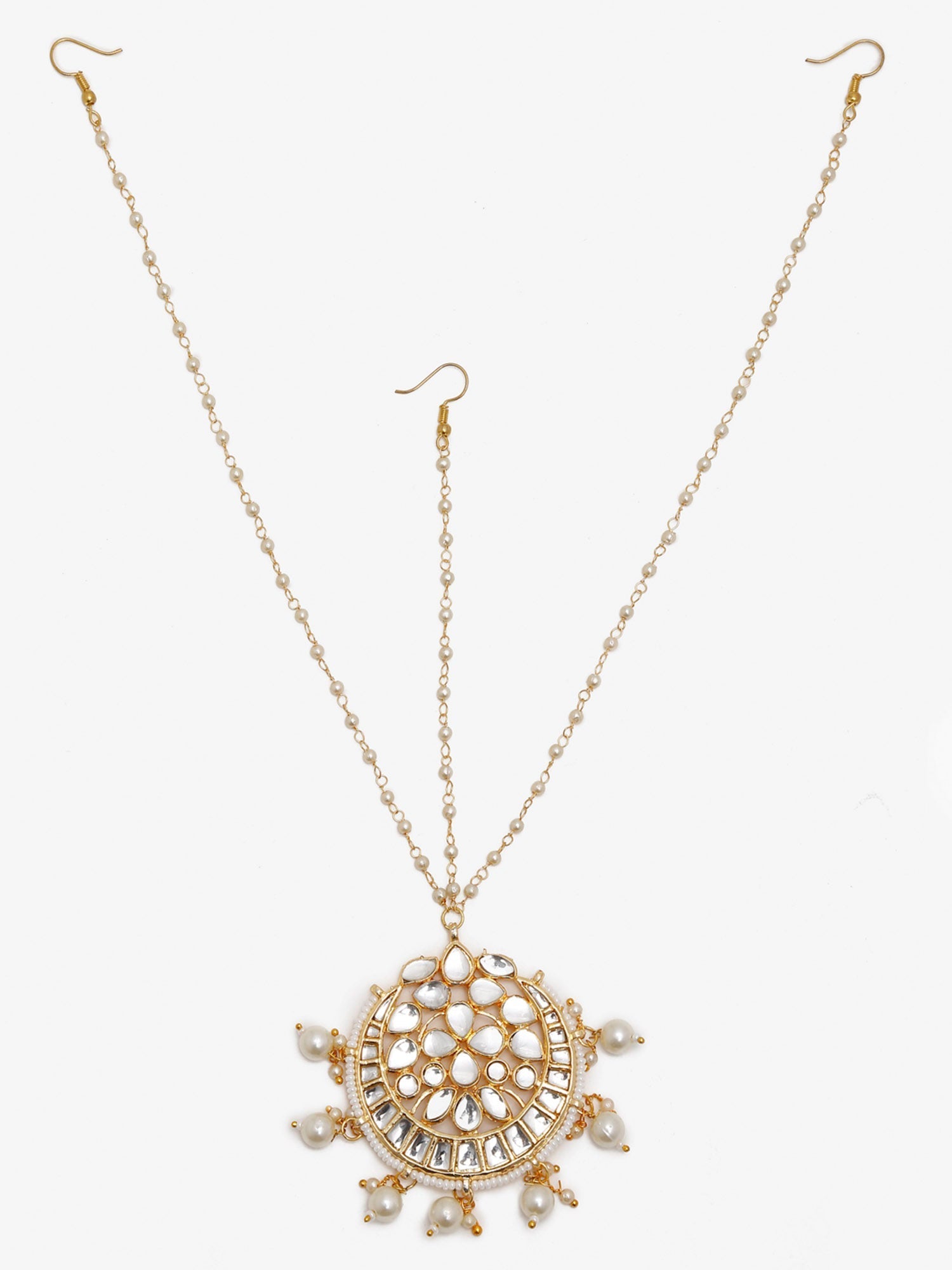Gold-Polished White Kundan-Studded Pearl Beaded Handcrafted Maatha Patti - Ruby Raang
