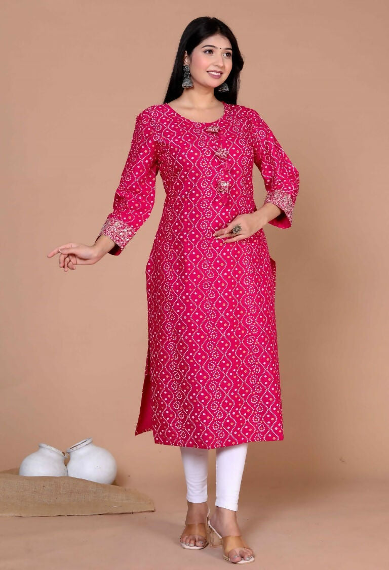 Miravan Women's Embroidered Pink Bandhani Pakistani Straight Kurti