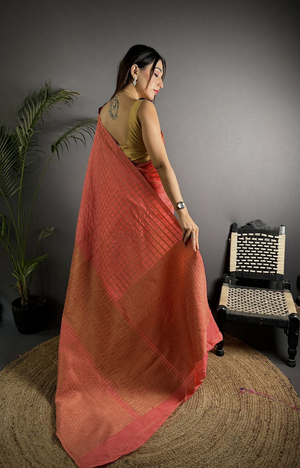Joban Fashion Peach Banarasi Soft Lichi Silk Checks & Woven Saree