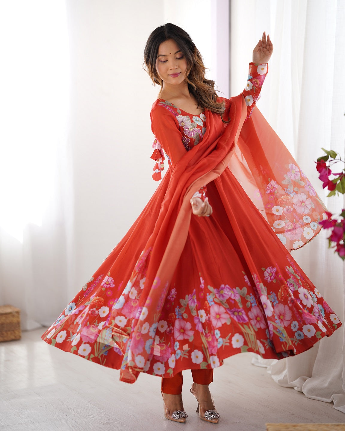 Evanik Rust Soft Organza Silk With Floral Print Fully Flared Anarkali Pant With Dupatta Set