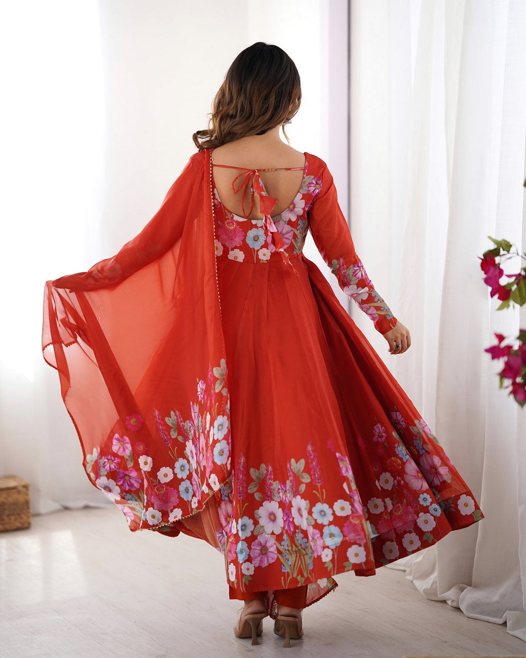 Evanik Rust Soft Organza Silk With Floral Print Fully Flared Anarkali Pant With Dupatta Set