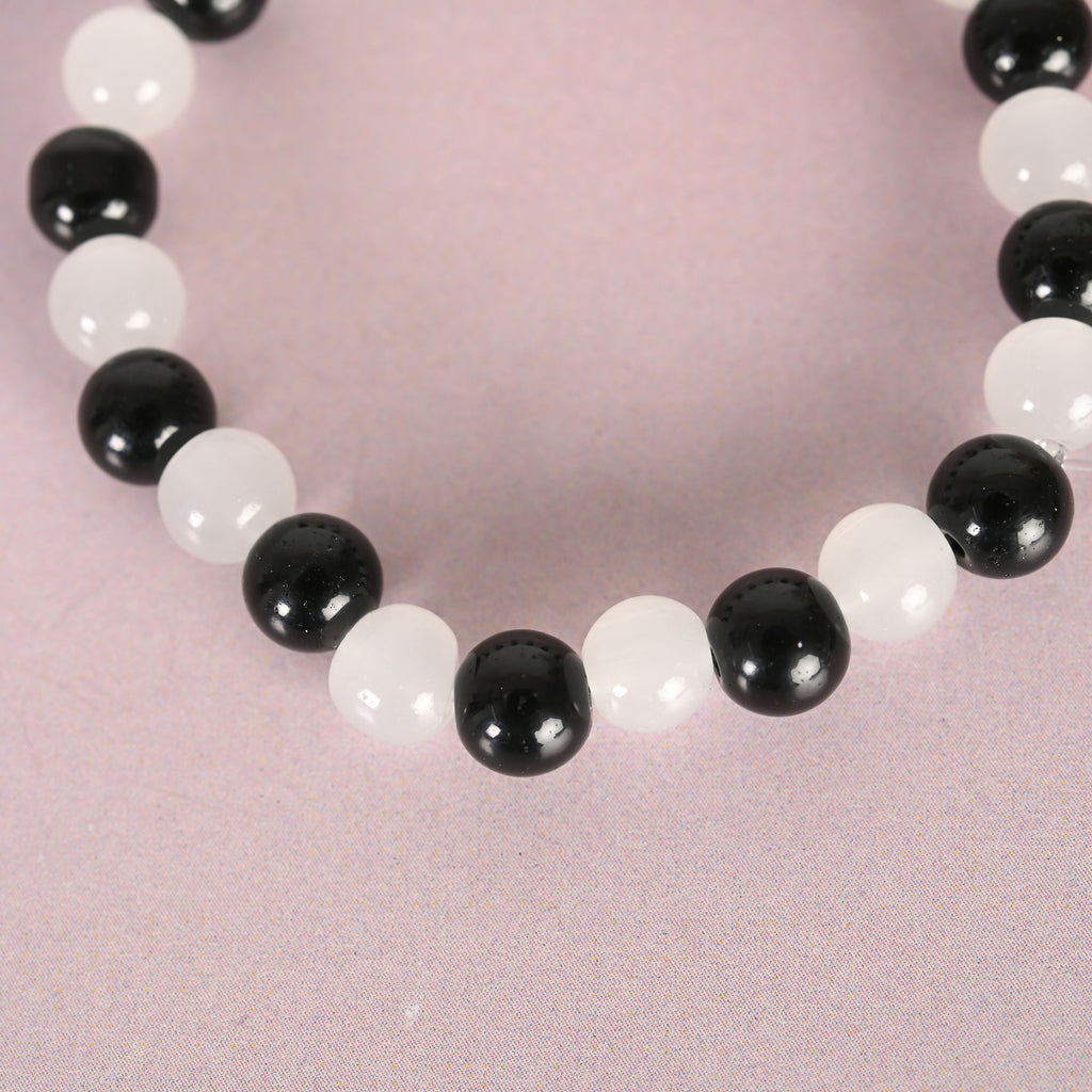 NVR Men & Women White Marble Crystal Beaded Elasticated Bracelet
