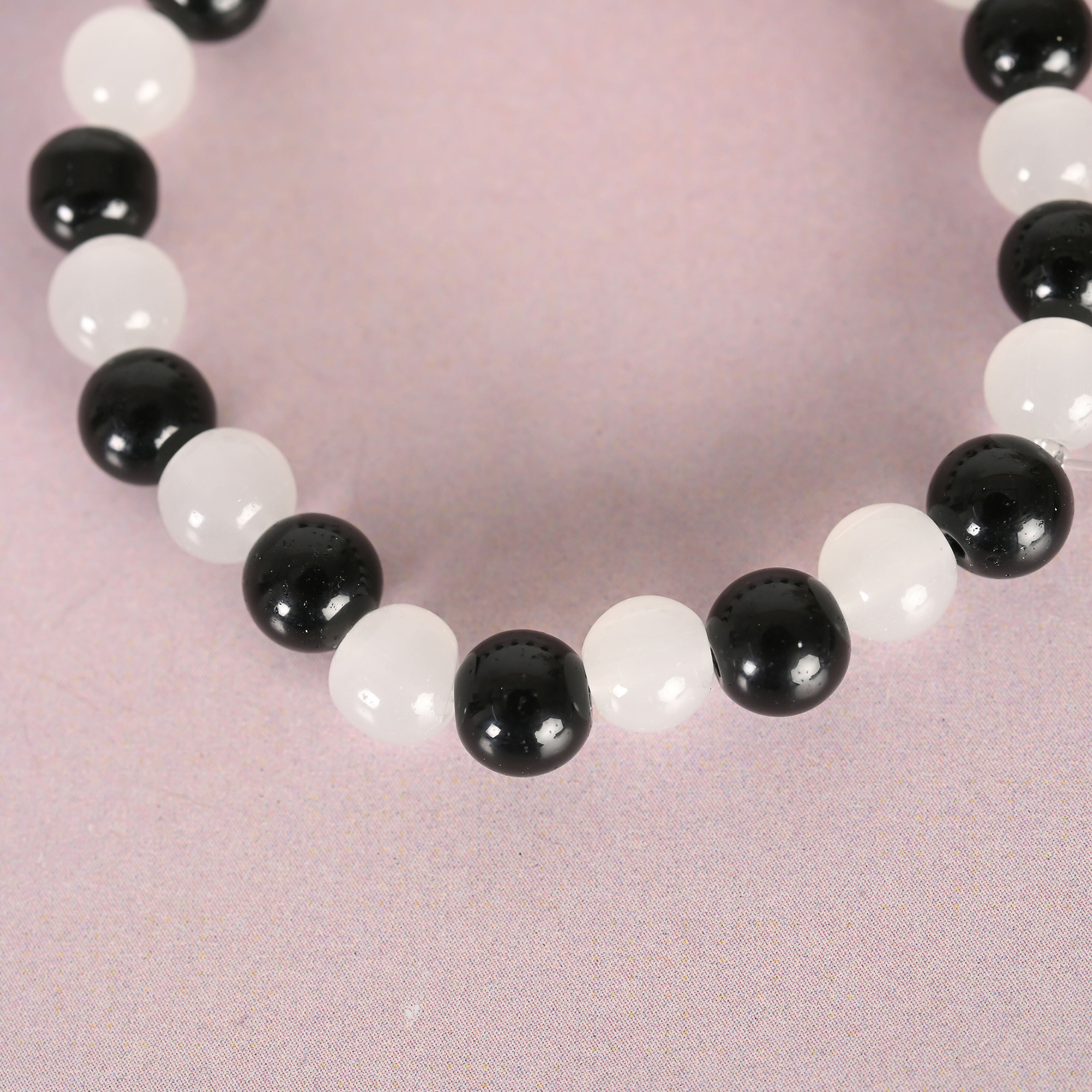 NVR Men & Women White Marble Crystal Beaded Elasticated Bracelet