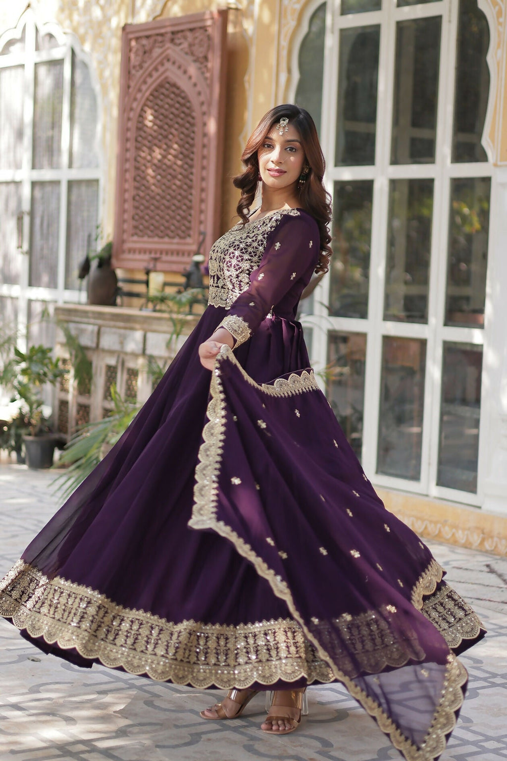 Joban Fashion Wine Georgette Sequence Embroidery Work Kurta Set
