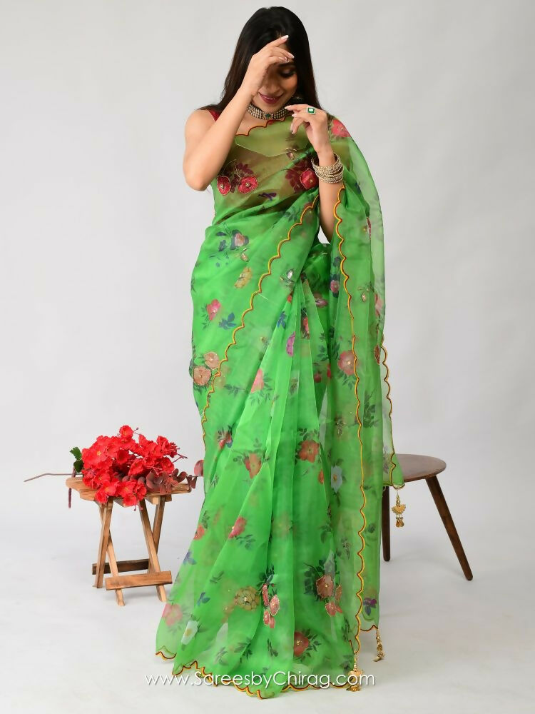 Vamsee Nakshatra Latakn Green Organza Saree