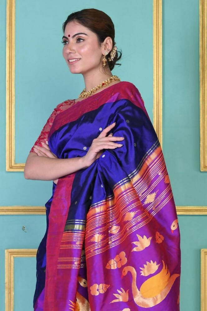 Very Much Indian Handloom Pure Silk Dark Violet Muniya Border Paithani