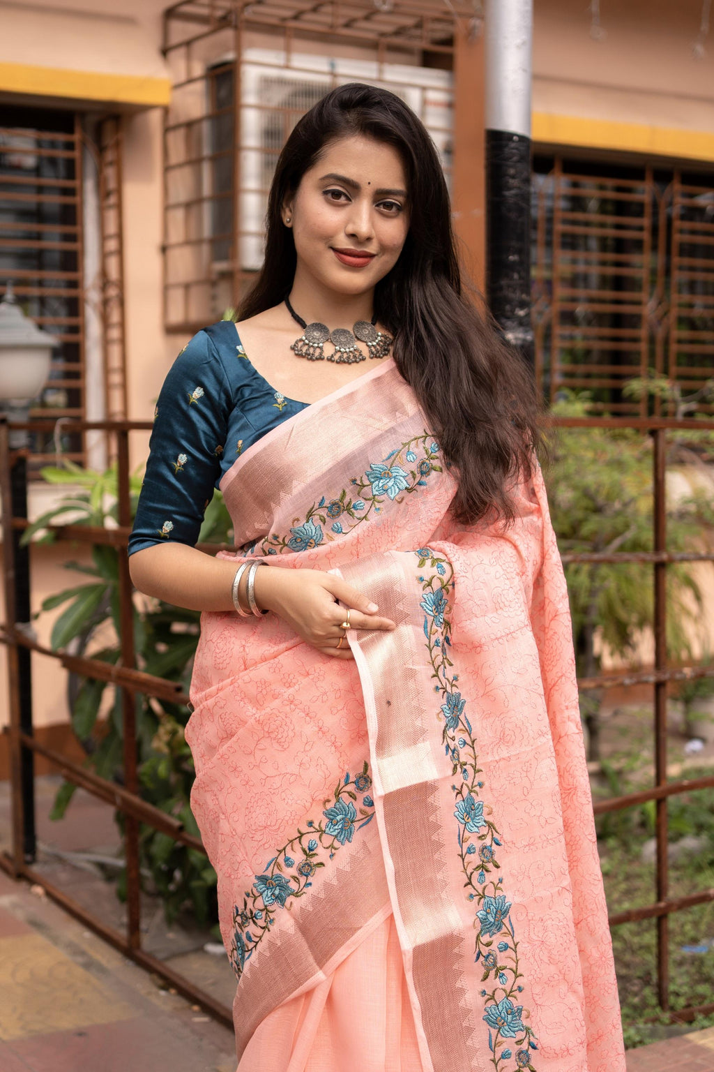 Pink Pure Linen Woven Design Saree with Unstitched Blouse - Hiral Fashion