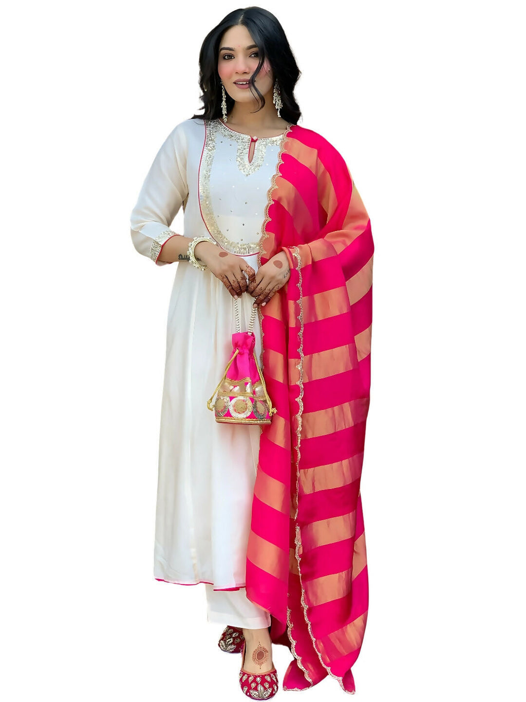 The52 White Women's Gorgeous Embroidered Work Chanderi Fabric Flared Kurta Pant and Dupatta Set