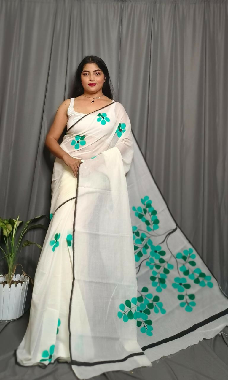 Exclusive Collection Beautiful White Green Pure Cotton Hand Print Handloom Saree With Running Blouse Piece