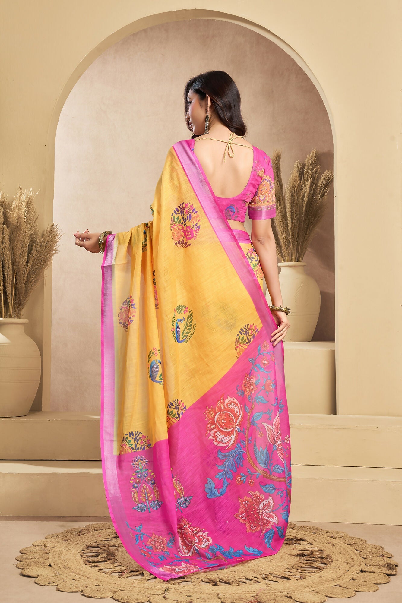 Vastranavya Mustard Digital Printed Linen Ready To Wear Designer Saree with Unstitched Blouse