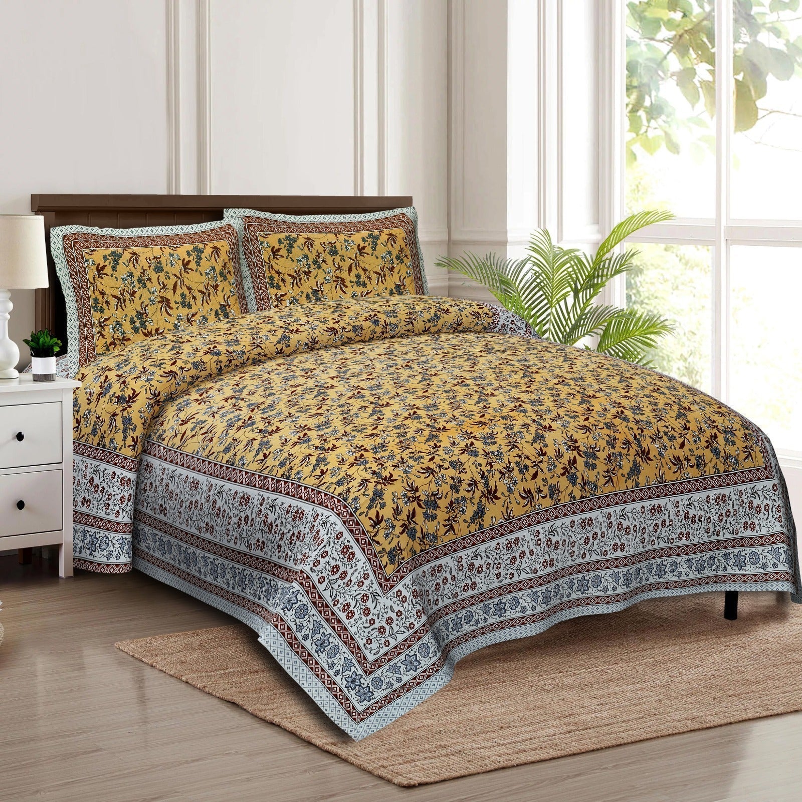 Rudra Bazaar Multicolour 210 TC Cotton Double King Bedsheet With 2 Pillow Covers