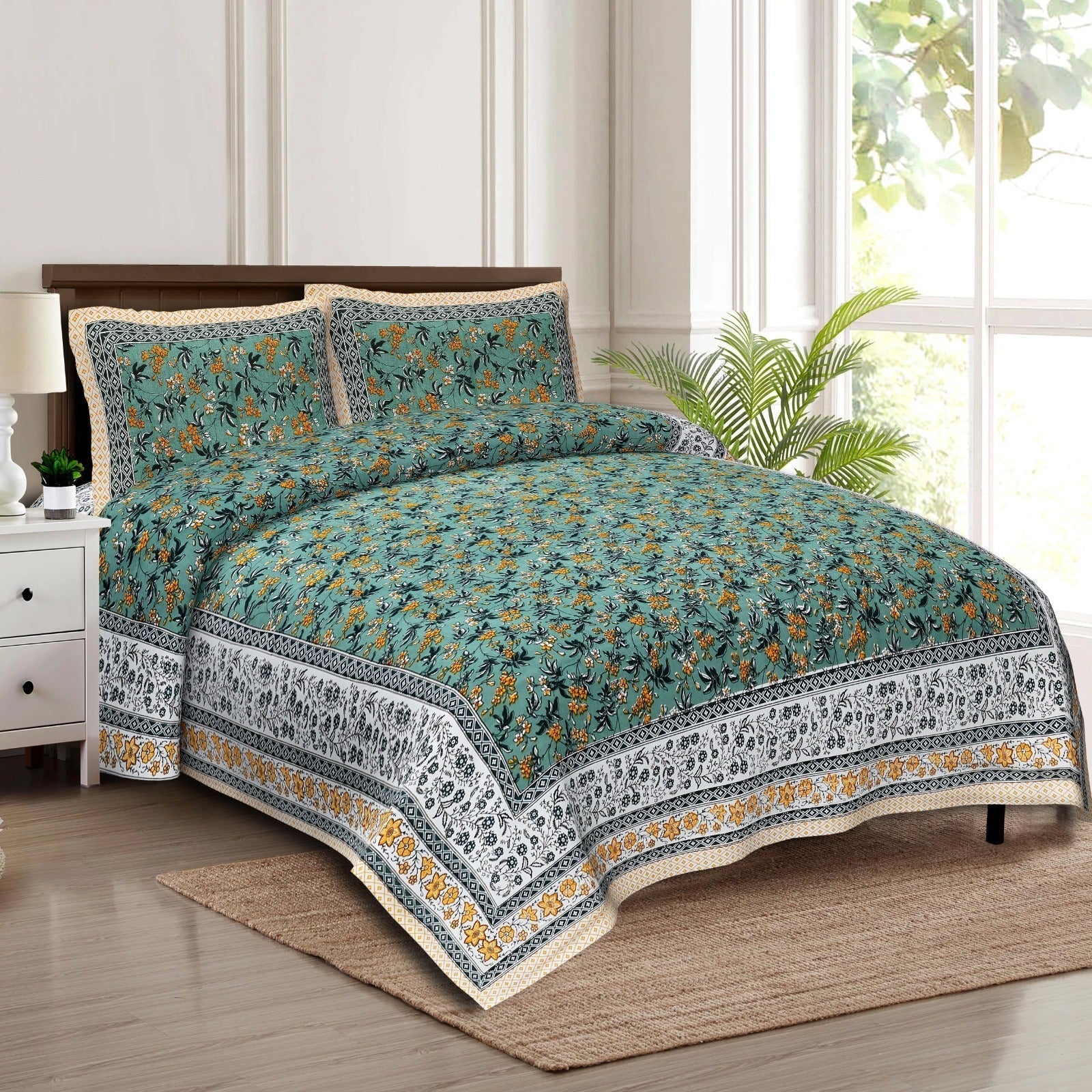 Rudra Bazaar Multicolour 210 TC Cotton Double King Bedsheet With 2 Pillow Covers