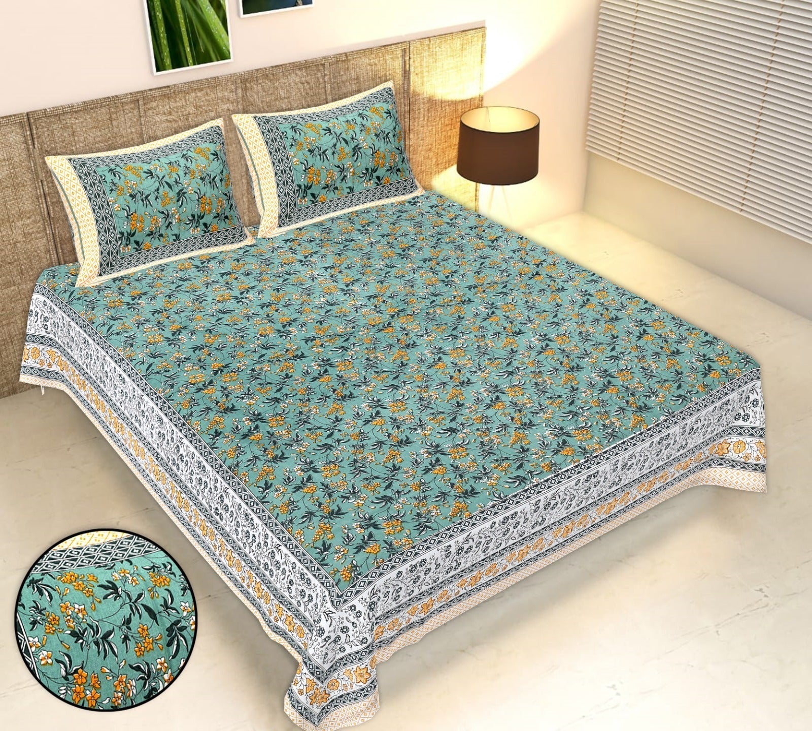 Rudra Bazaar Multicolour 210 TC Cotton Double King Bedsheet With 2 Pillow Covers