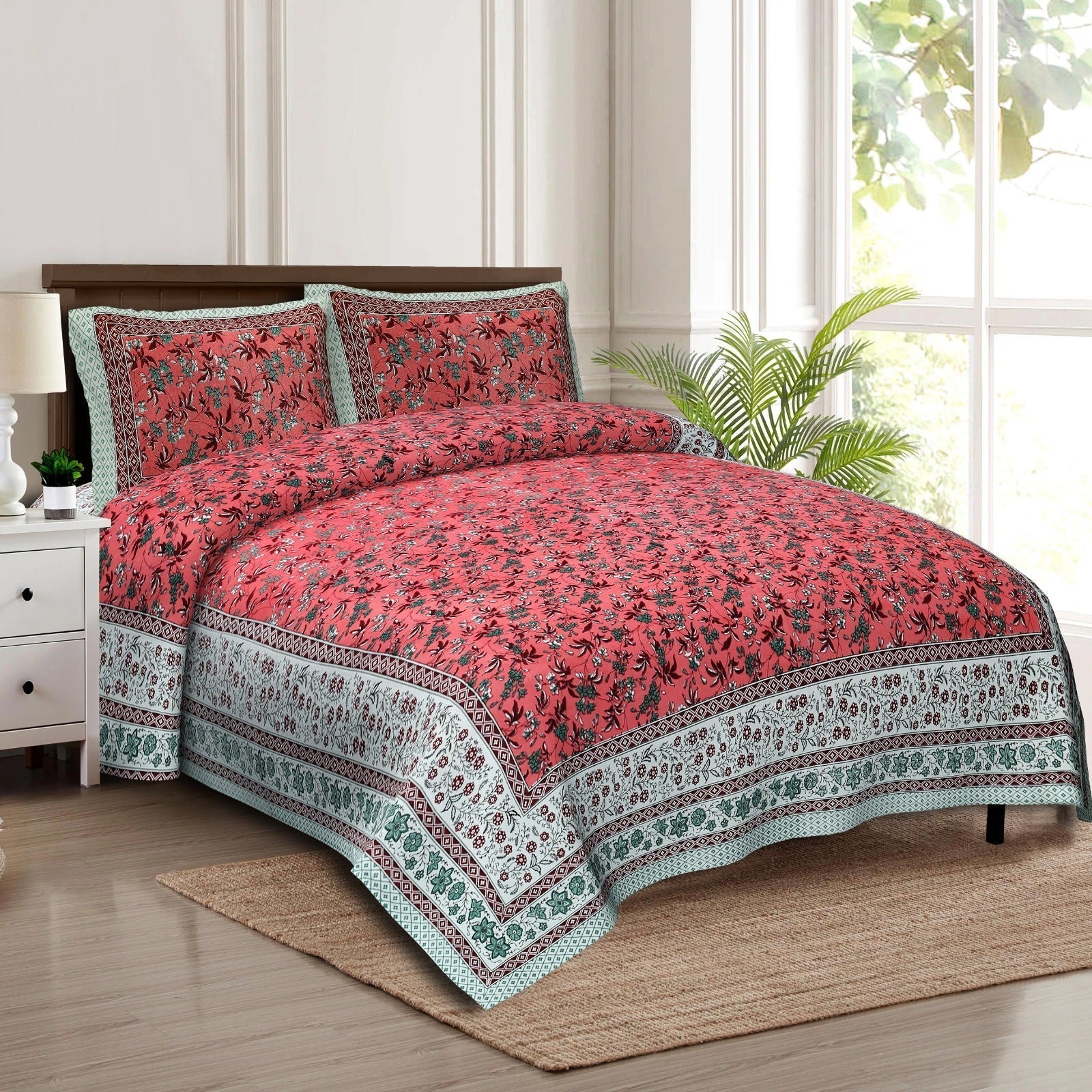 Rudra Bazaar Multicolour 210 TC Cotton Double King Bedsheet With 2 Pillow Covers