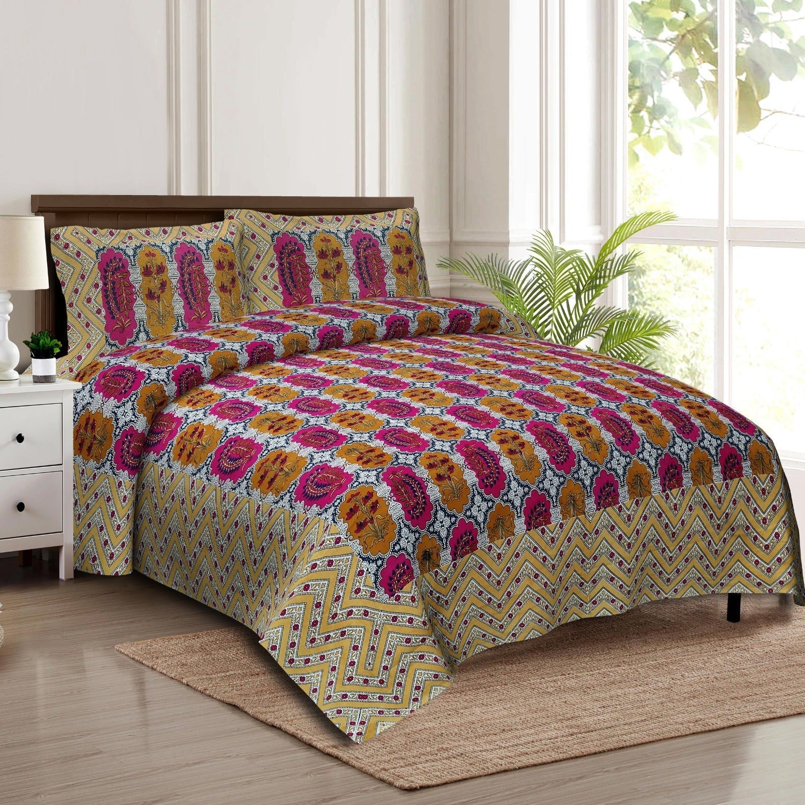 Rudra Bazaar Multicolour 210 TC Cotton Double King Bedsheet With 2 Pillow Covers