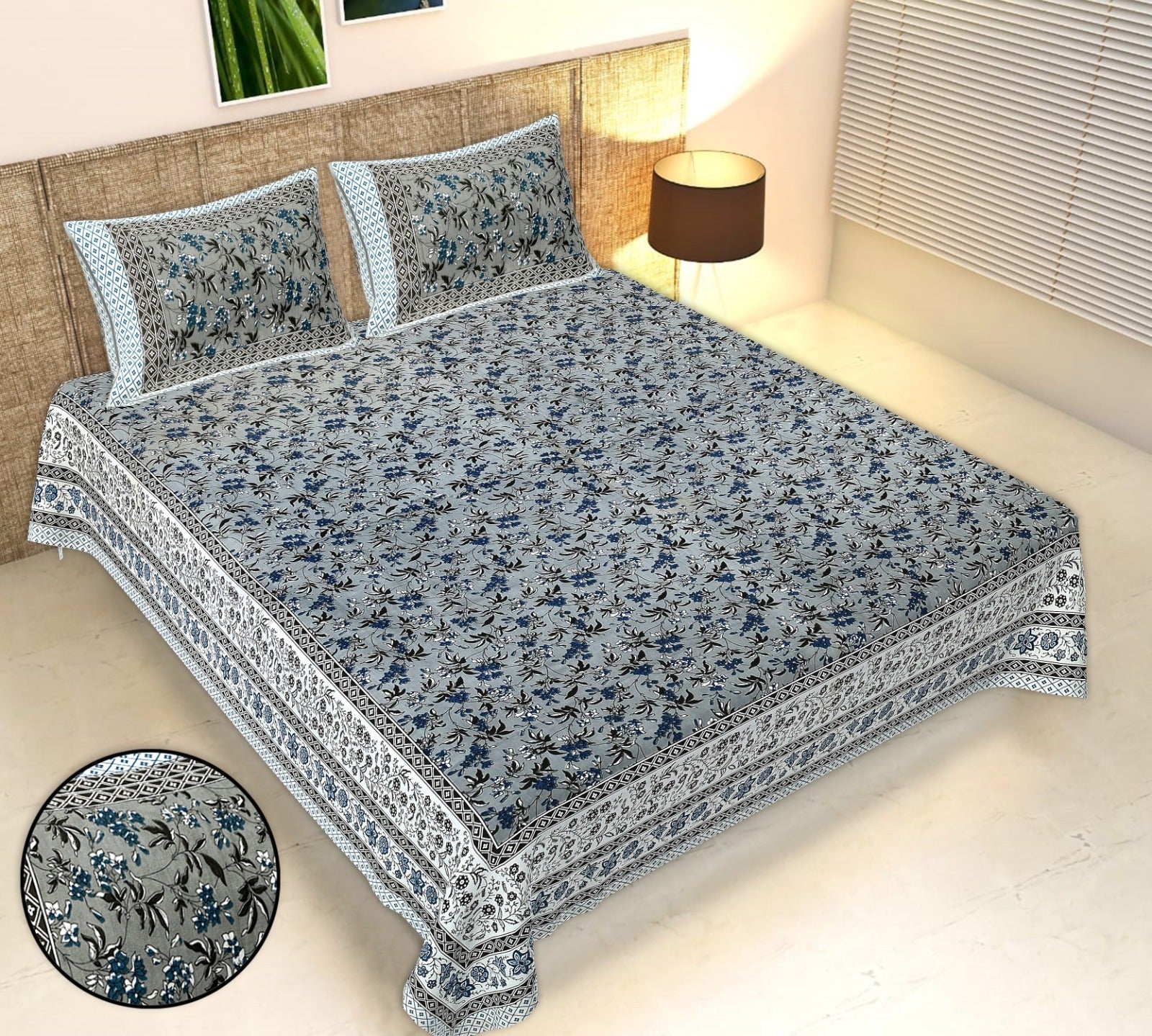 Rudra Bazaar Multicolour 210 TC Cotton Double King Bedsheet With 2 Pillow Covers