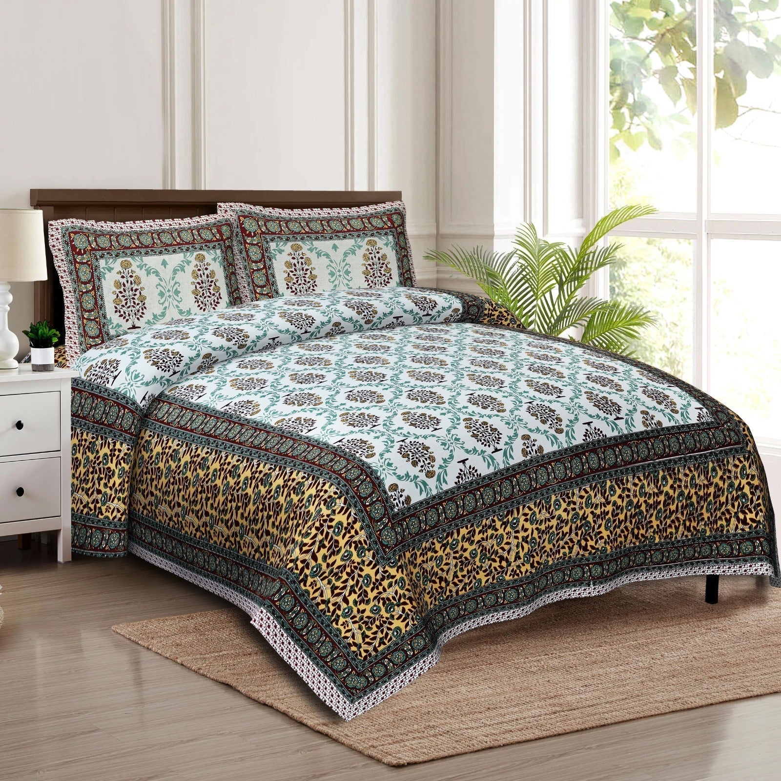 Rudra Bazaar Multicolour 210 TC Cotton Double King Bedsheet With 2 Pillow Covers
