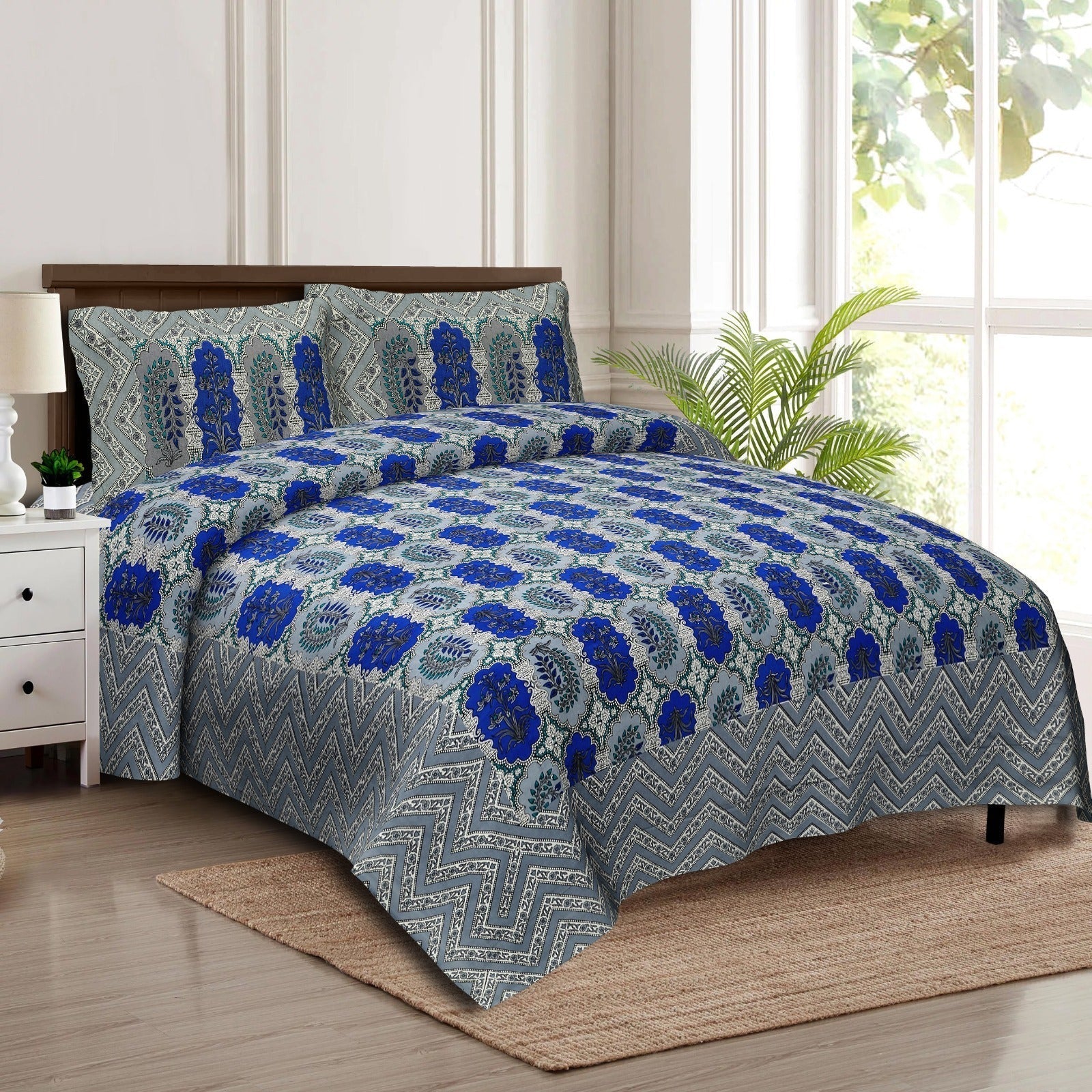 Rudra Bazaar Multicolour 210 TC Cotton Double King Bedsheet With 2 Pillow Covers