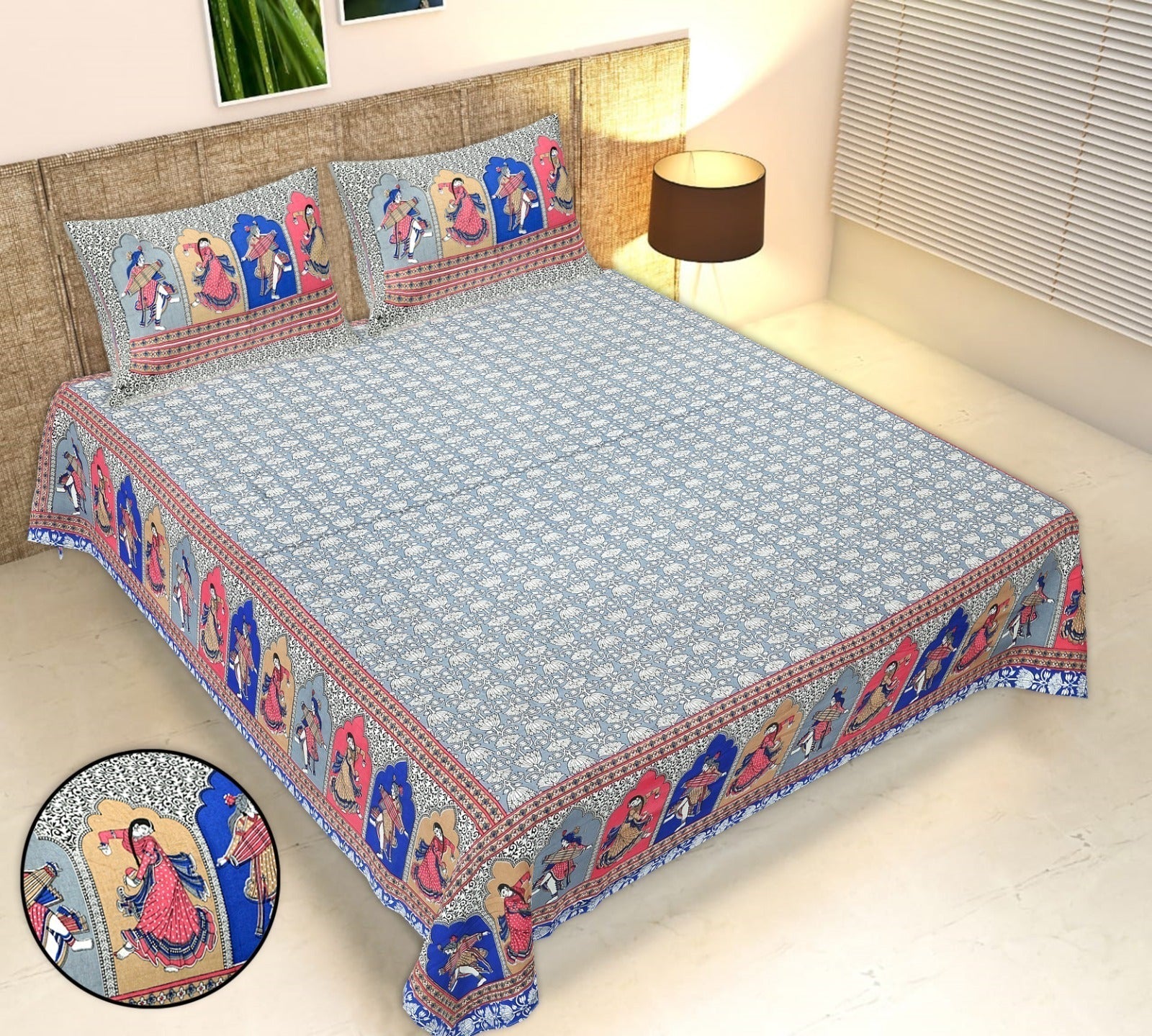 Rudra Bazaar Multicolour 210 TC Cotton Double King Bedsheet With 2 Pillow Covers